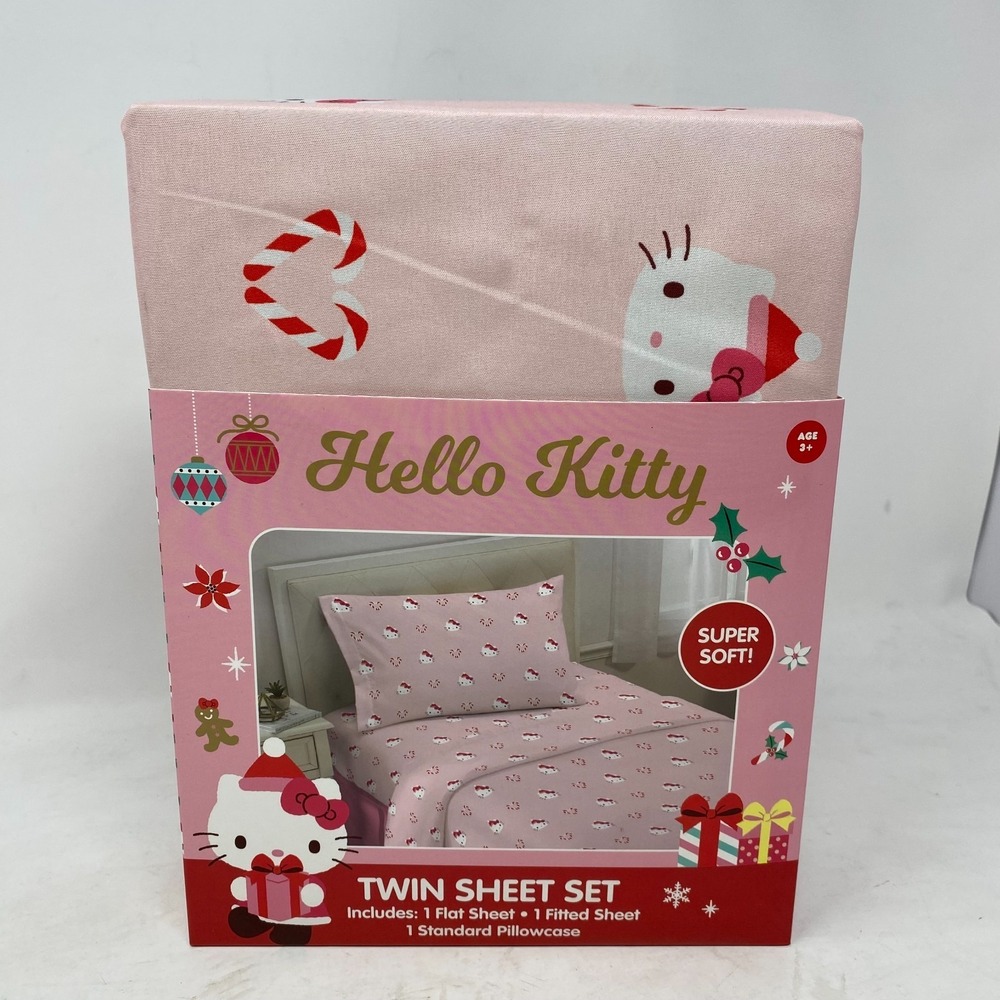 Hello Kitty & Friends Twin Sheet Set Holiday Santa Christmas Pink Candy Canes‎
